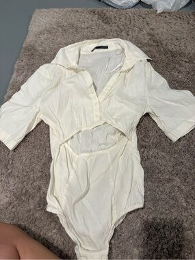 Zara Cream Button-Front Cutout Bodysuit
